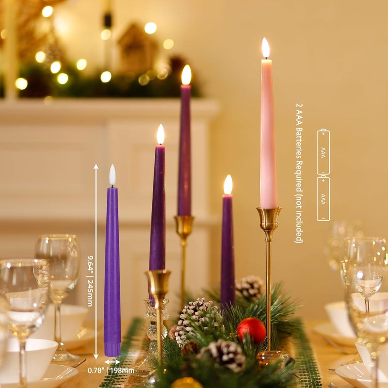 AFINETH Flamelss Advent Candles, 9.6" Real Wax Flameless Taper Candles with Remote, 4 Pack Flickering LED Candle Battery Operated Candlesticks for Christmas, Catholic, Advent, Wreath, Purple and Pink - Image 2
